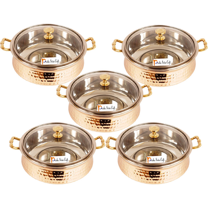 Set of 5 Prisha India Craft B. High Quality Handmade Steel Copper Casserole with Lid and Serving Spoon - Set of Copper Handi and Serving Spoon - Bowl Dia - 5.00  X Height - 2.25  - Christmas Gift