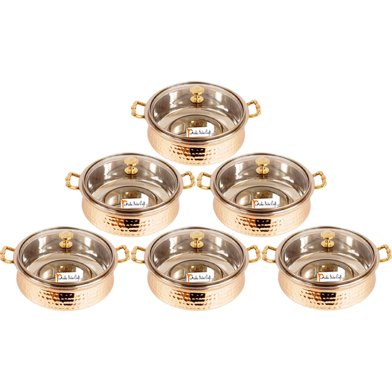Set of 6 Prisha India Craft B. High Quality Handmade Steel Copper Casserole with Lid and Serving Spoon - Set of Copper Handi and Serving Spoon - Bowl Dia - 5.00  X Height - 2.25  - Christmas Gift
