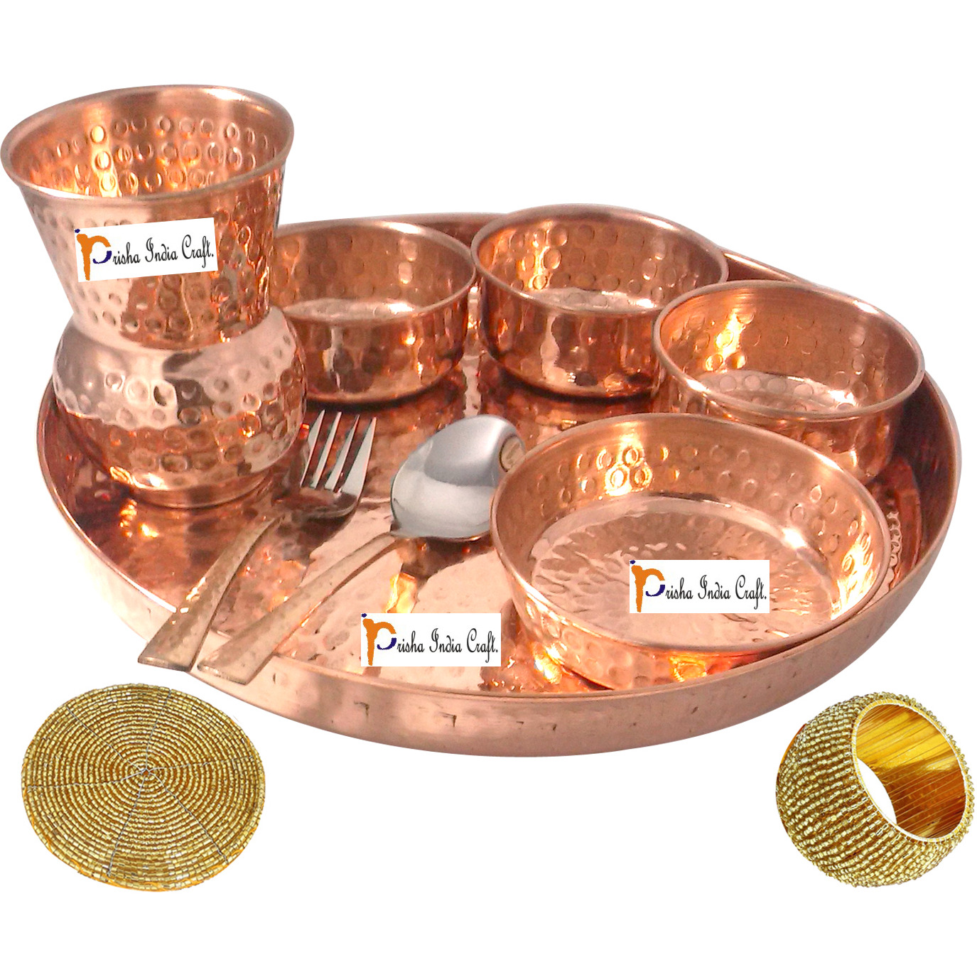 Prisha India Craft B. Indian Dinnerware Pure Copper Thali Set Dia 12  Traditional Dinner Set of Plate, Bowl, Spoons, Glass with Napkin ring and Coaster - Christmas Gift