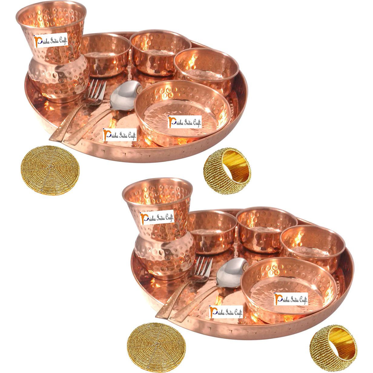 Set of 2 Prisha India Craft B. Indian Dinnerware Pure Copper Thali Set Dia 12  Traditional Dinner Set of Plate, Bowl, Spoons, Glass with Napkin ring and Coaster - Christmas Gift