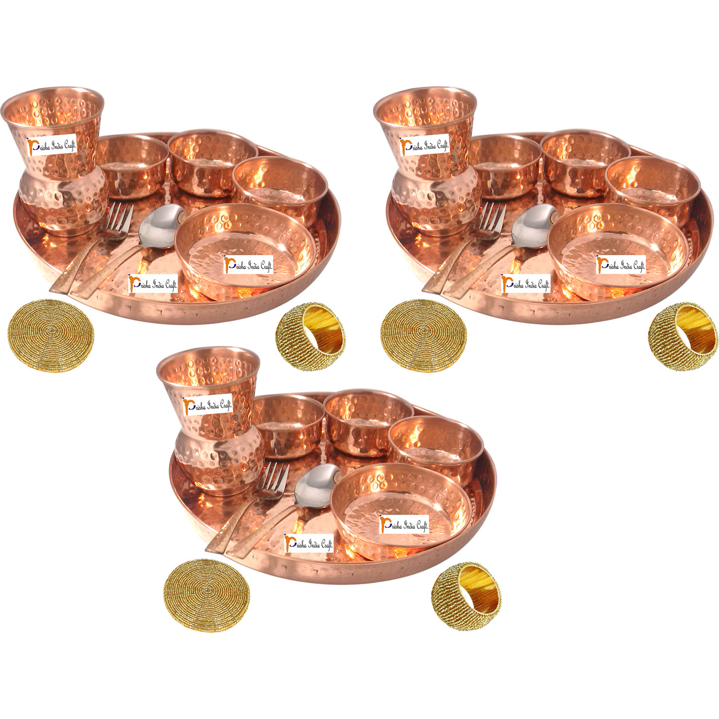 Set of 3 Prisha India Craft B. Indian Dinnerware Pure Copper Thali Set Dia 12  Traditional Dinner Set of Plate, Bowl, Spoons, Glass with Napkin ring and Coaster - Christmas Gift