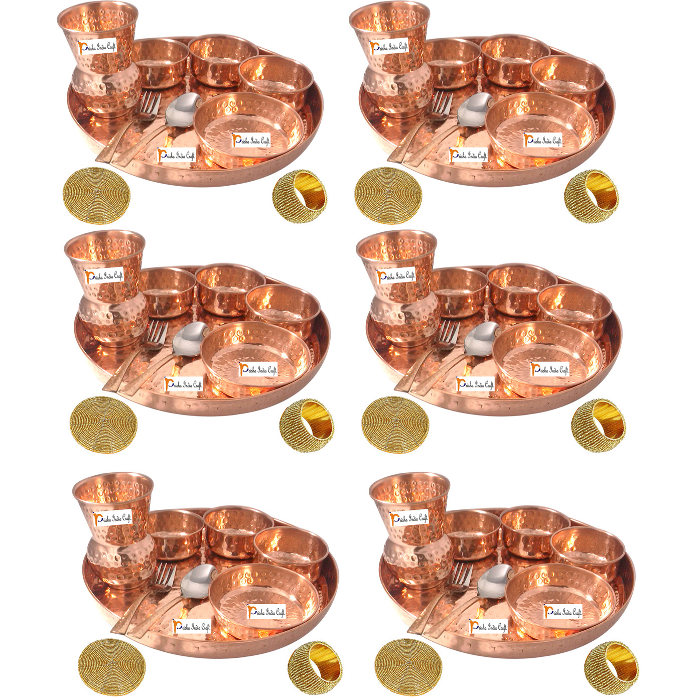 Set of 6 Prisha India Craft B. Indian Dinnerware Pure Copper Thali Set Dia 12  Traditional Dinner Set of Plate, Bowl, Spoons, Glass with Napkin ring and Coaster - Christmas Gift