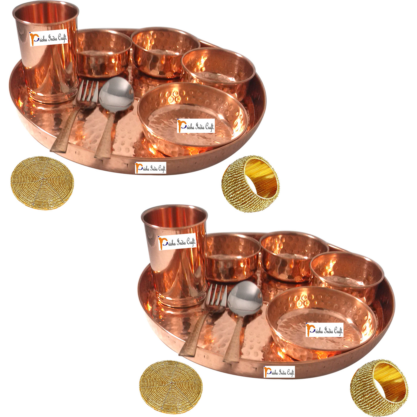 Set of 2 Prisha India Craft B. Handmade Indian Dinnerware Pure Copper Thali Set Dia 12  Traditional Dinner Set of Plate, Bowl, Spoons, Glass with Napkin ring and Coaster - Christmas Gift