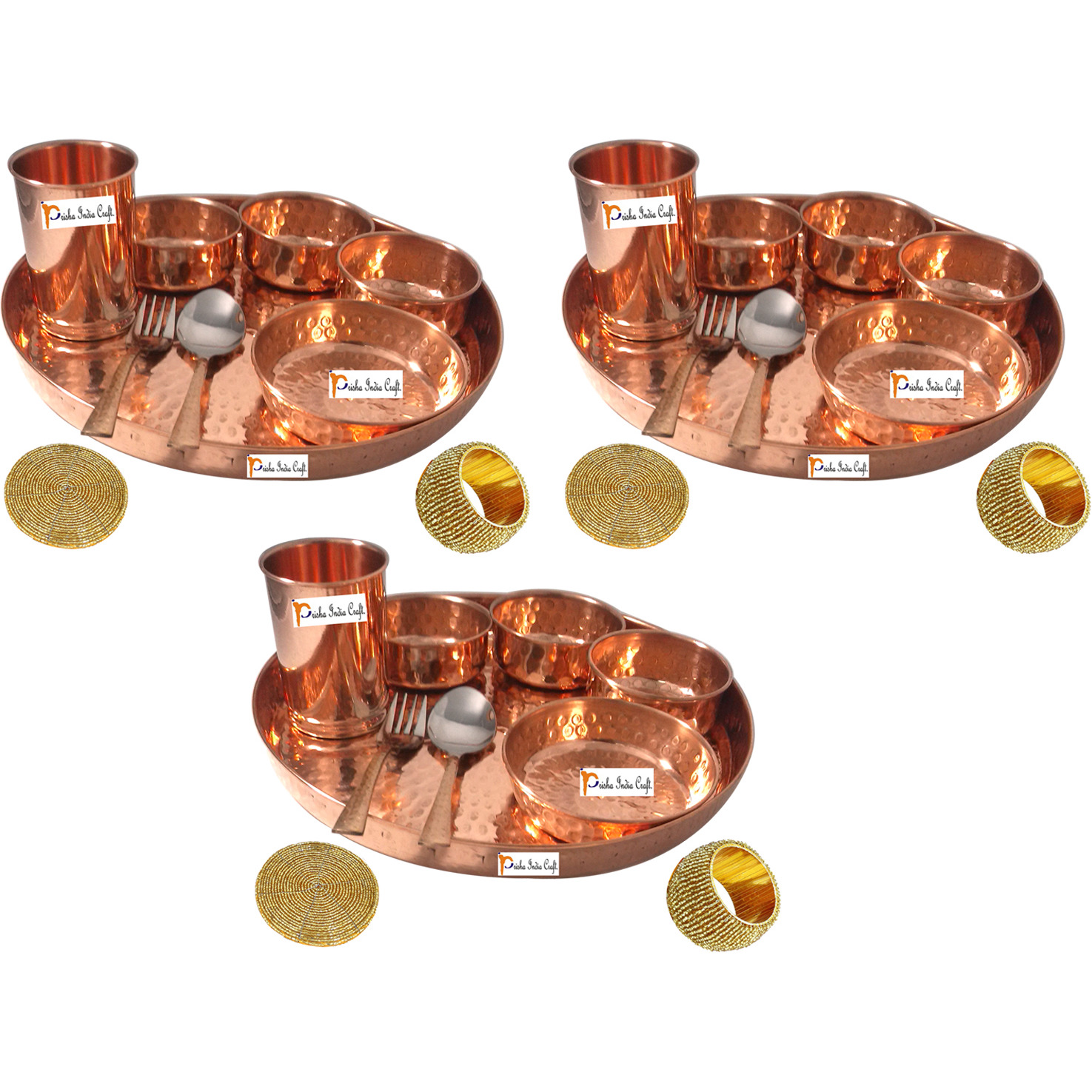 Set of 3 Prisha India Craft B. Handmade Indian Dinnerware Pure Copper Thali Set Dia 12  Traditional Dinner Set of Plate, Bowl, Spoons, Glass with Napkin ring and Coaster - Christmas Gift