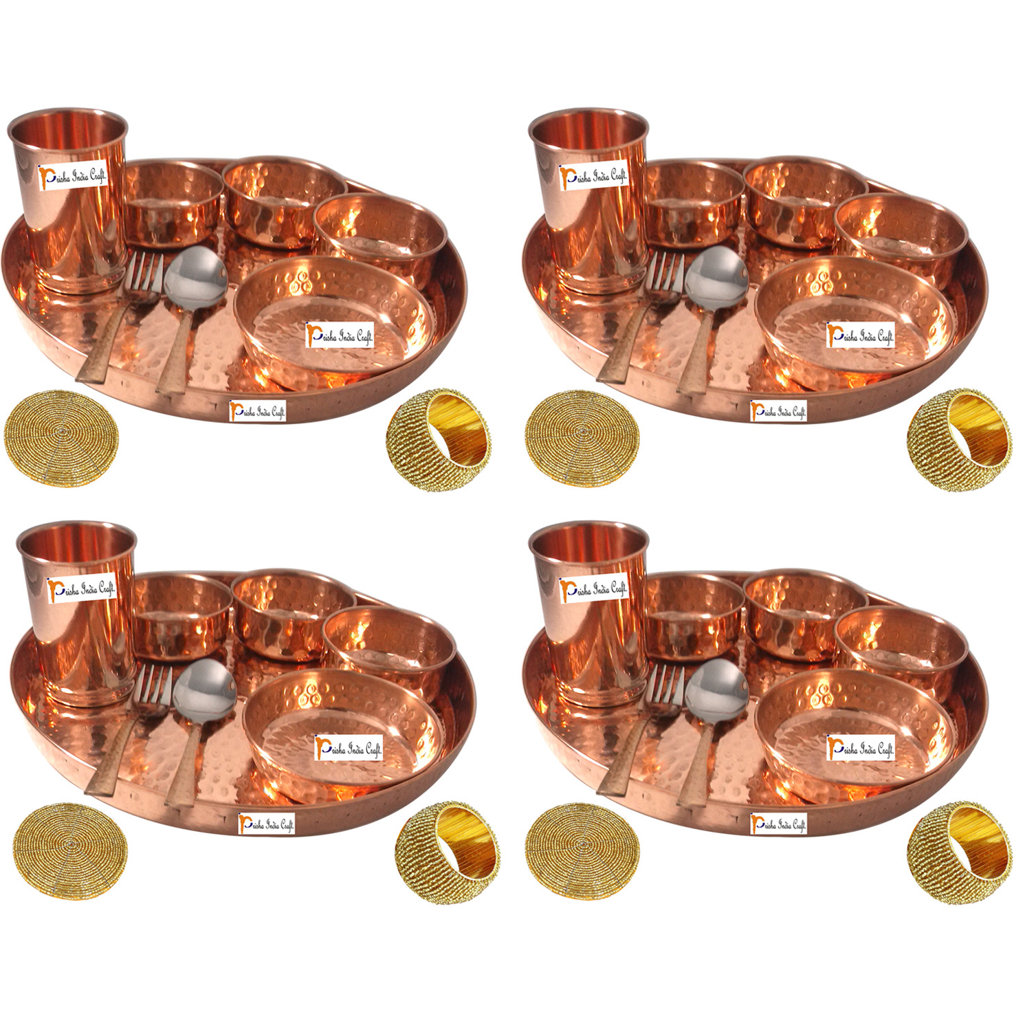 Set of 4 Prisha India Craft B. Handmade Indian Dinnerware Pure Copper Thali Set Dia 12  Traditional Dinner Set of Plate, Bowl, Spoons, Glass with Napkin ring and Coaster - Christmas Gift