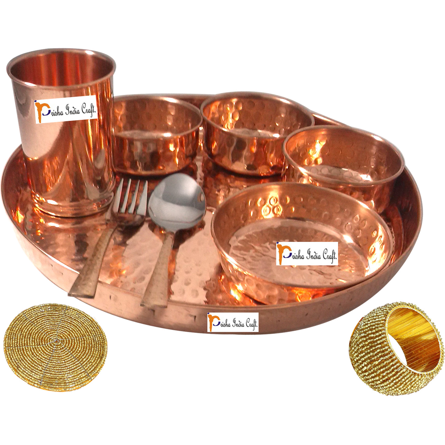 Set of 4 Prisha India Craft B. Handmade Indian Dinnerware Pure Copper Thali Set Dia 12  Traditional Dinner Set of Plate, Bowl, Spoons, Glass with Napkin ring and Coaster - Christmas Gift