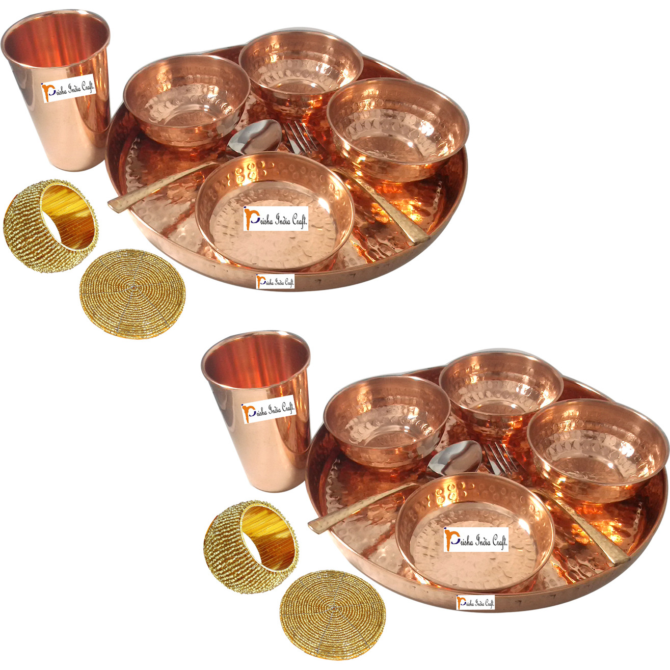 Set of 2 Prisha India Craft B. Dinnerware Pure Copper Thali Set Dia 12  Traditional Dinner Set of Plate, Bowl, Spoons, Glass with Napkin ring and Coaster - Christmas Gift