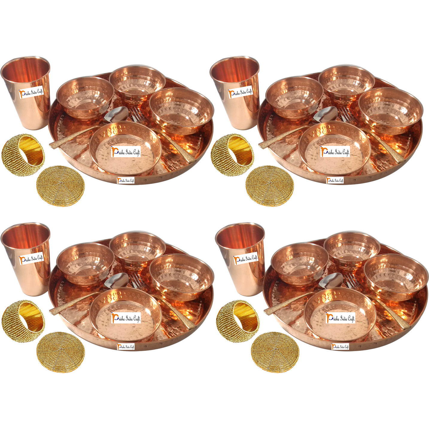 Set of 4 Prisha India Craft B. Dinnerware Pure Copper Thali Set Dia 12  Traditional Dinner Set of Plate, Bowl, Spoons, Glass with Napkin ring and Coaster - Christmas Gift