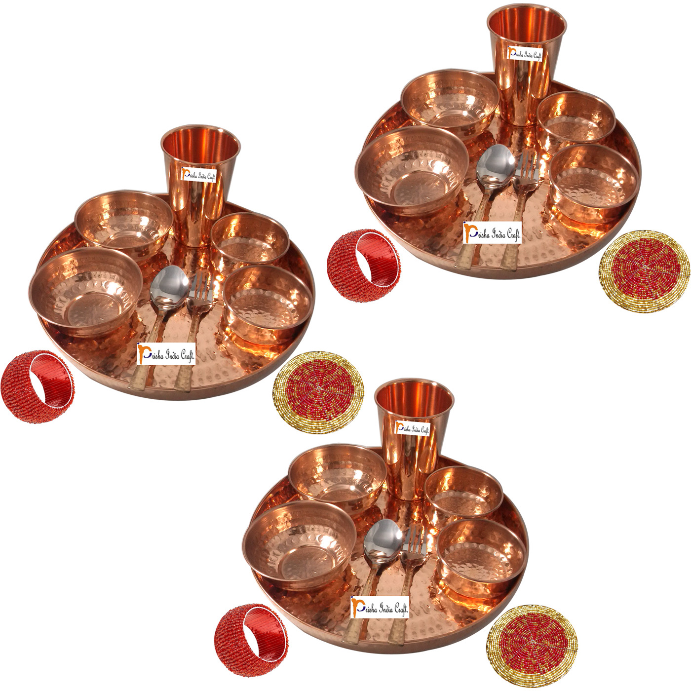 Set of 3 Prisha India Craft B. Indian Dinnerware Pure Copper Dinner Set Dia 12  Traditional Thali Set Dinner Set of Plate, Bowl, Spoons, Glass with Napkin ring and Coaster - Christmas Gift