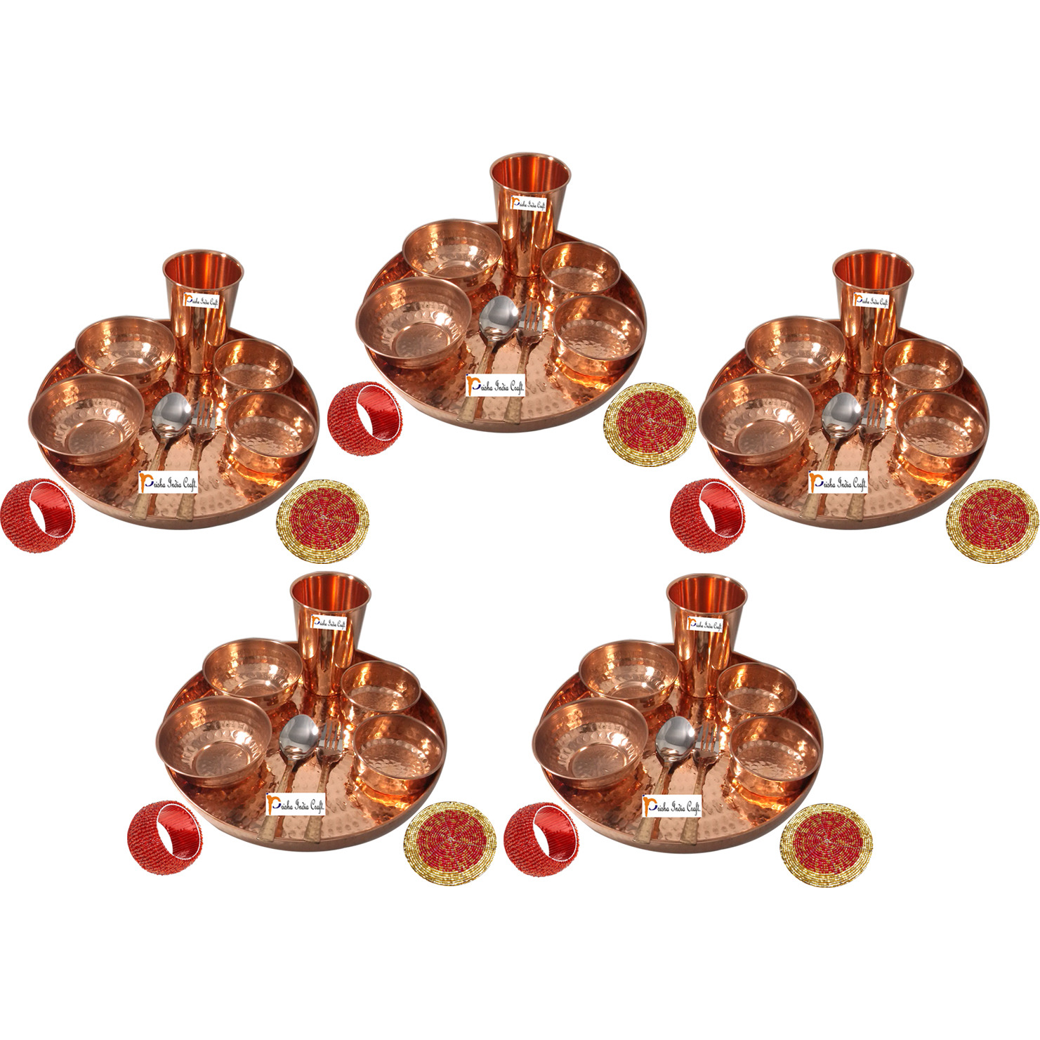 Set of 5 Prisha India Craft B. Indian Dinnerware Pure Copper Dinner Set Dia 12  Traditional Thali Set Dinner Set of Plate, Bowl, Spoons, Glass with Napkin ring and Coaster - Christmas Gift