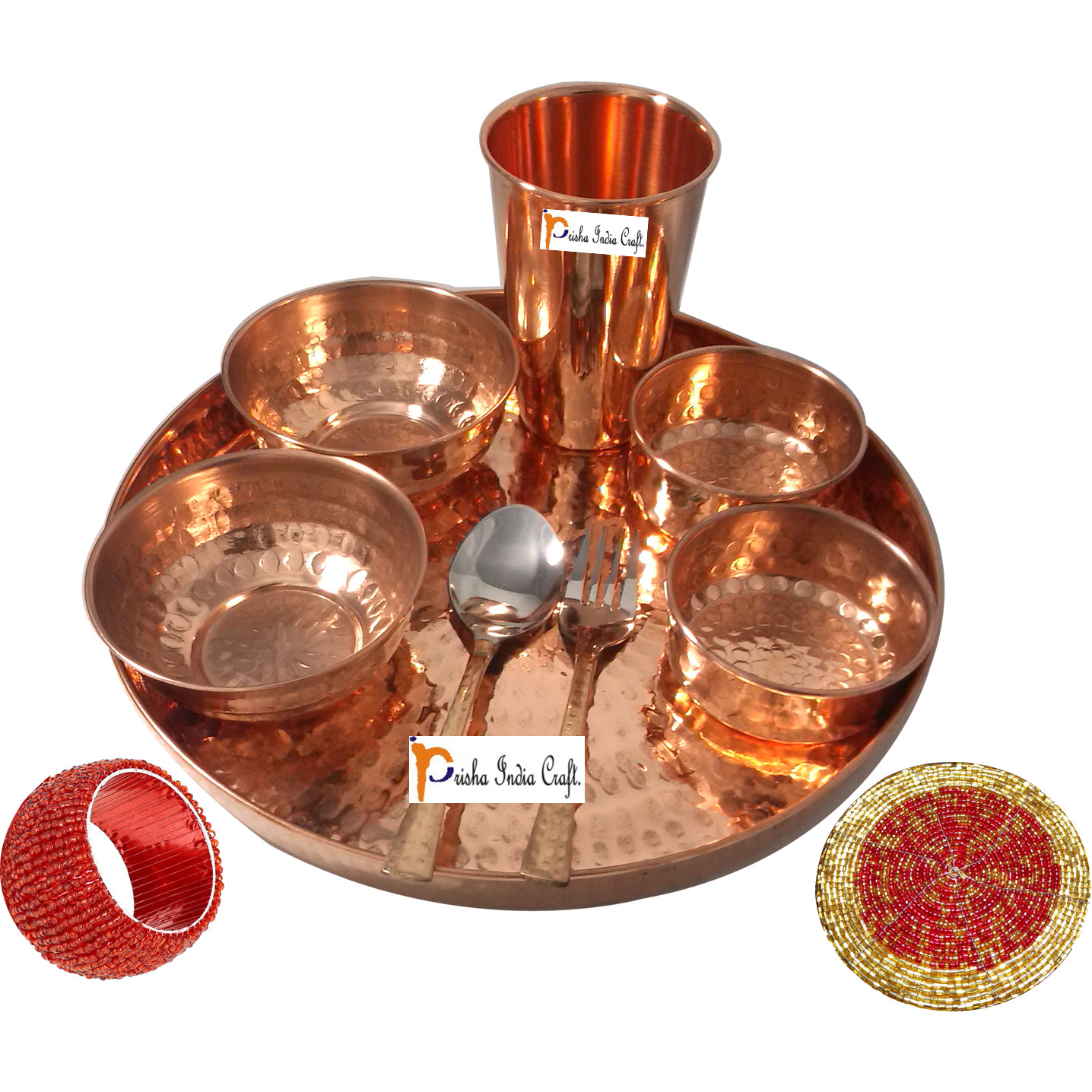 Set of 5 Prisha India Craft B. Indian Dinnerware Pure Copper Dinner Set Dia 12  Traditional Thali Set Dinner Set of Plate, Bowl, Spoons, Glass with Napkin ring and Coaster - Christmas Gift