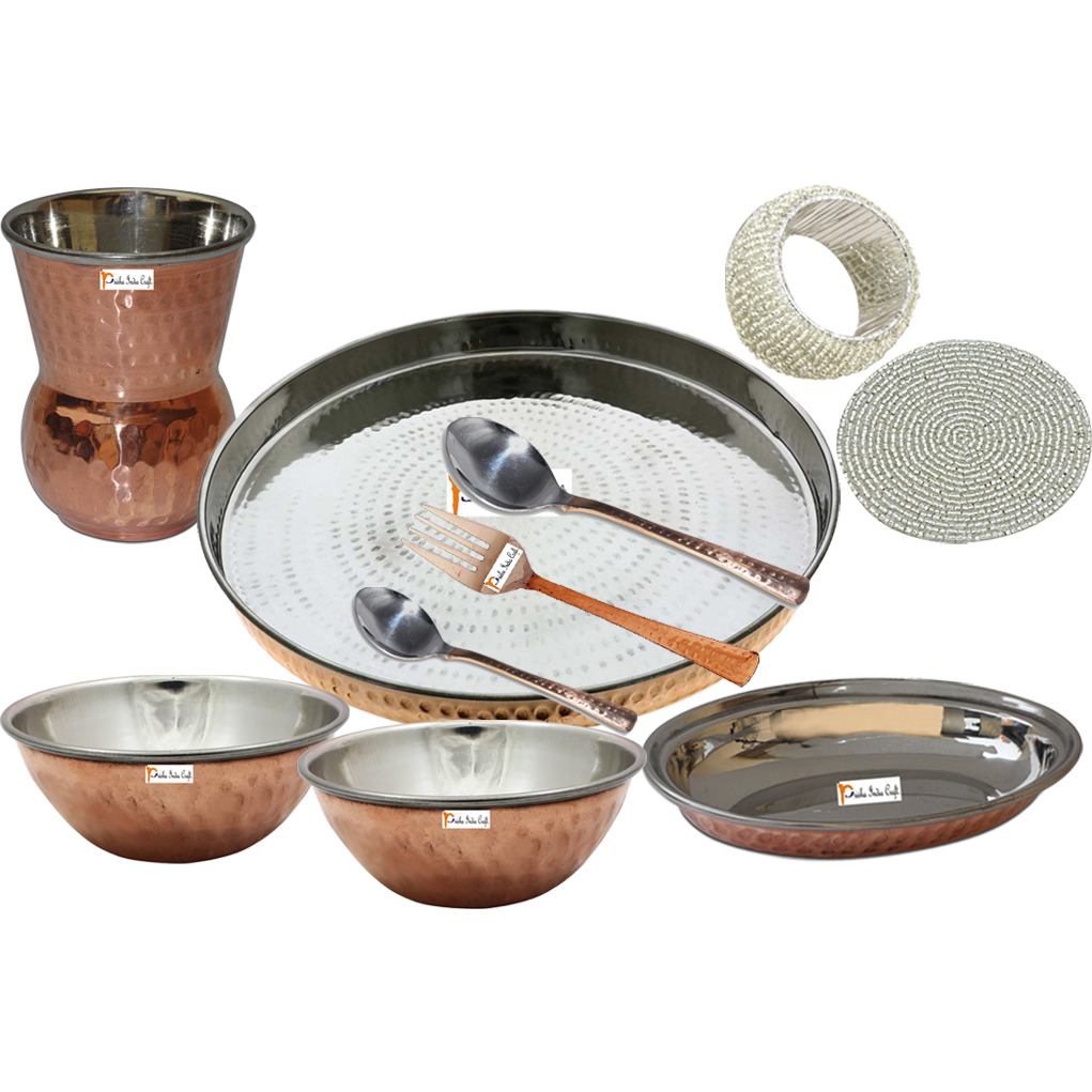 Prisha India Craft B. Indian Dinnerware Steel Copper Thali Set Dia 13  Traditional Dinner Set of Plate, Bowl, Spoons, Glass with Napkin ring and Coaster - Christmas Gift