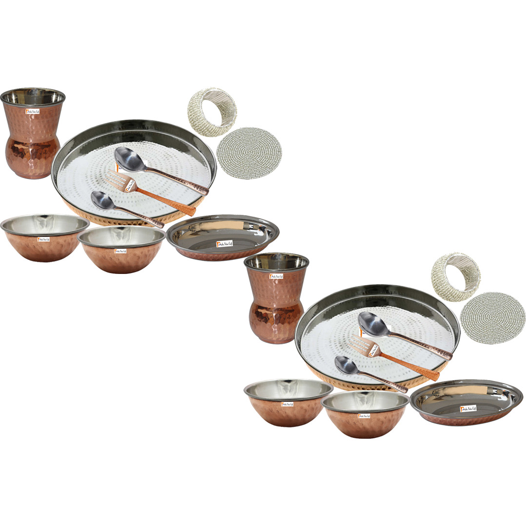Set of 2 Prisha India Craft B. Indian Dinnerware Steel Copper Thali Set Dia 13  Traditional Dinner Set of Plate, Bowl, Spoons, Glass with Napkin ring and Coaster - Christmas Gift