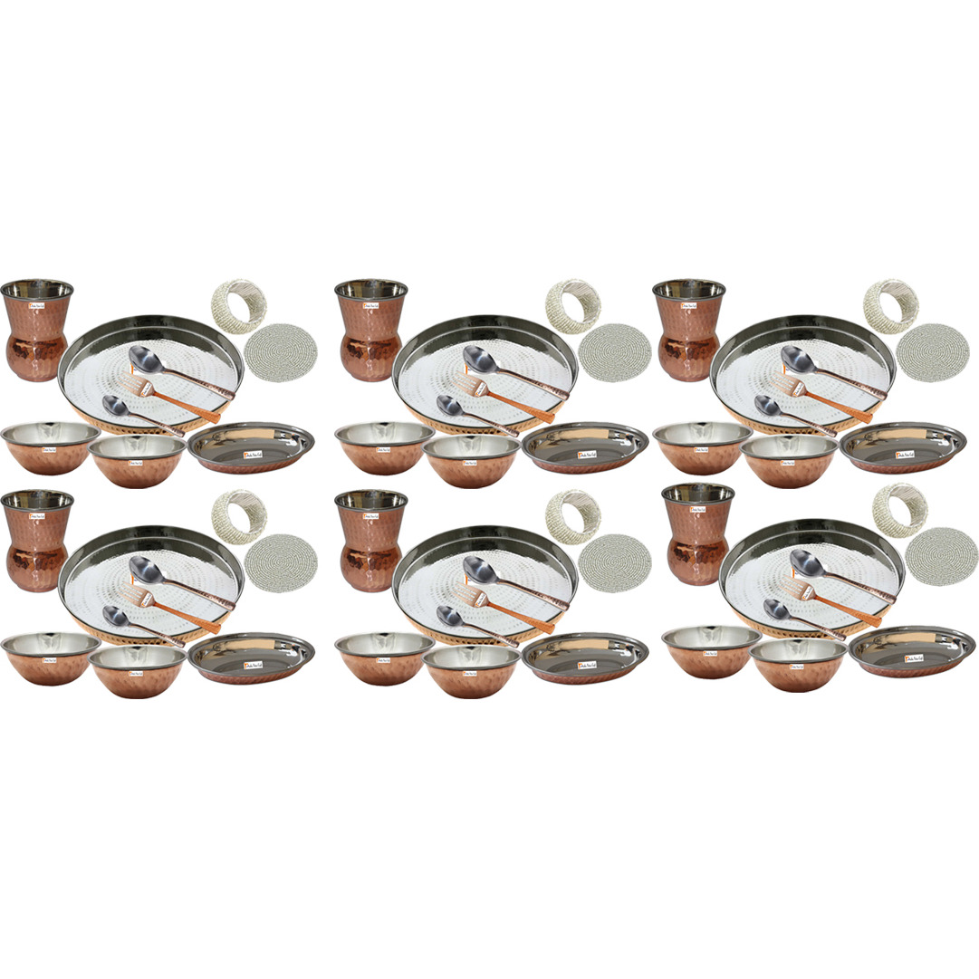 Set of 6 Prisha India Craft B. Indian Dinnerware Steel Copper Thali Set Dia 13  Traditional Dinner Set of Plate, Bowl, Spoons, Glass with Napkin ring and Coaster - Christmas Gift