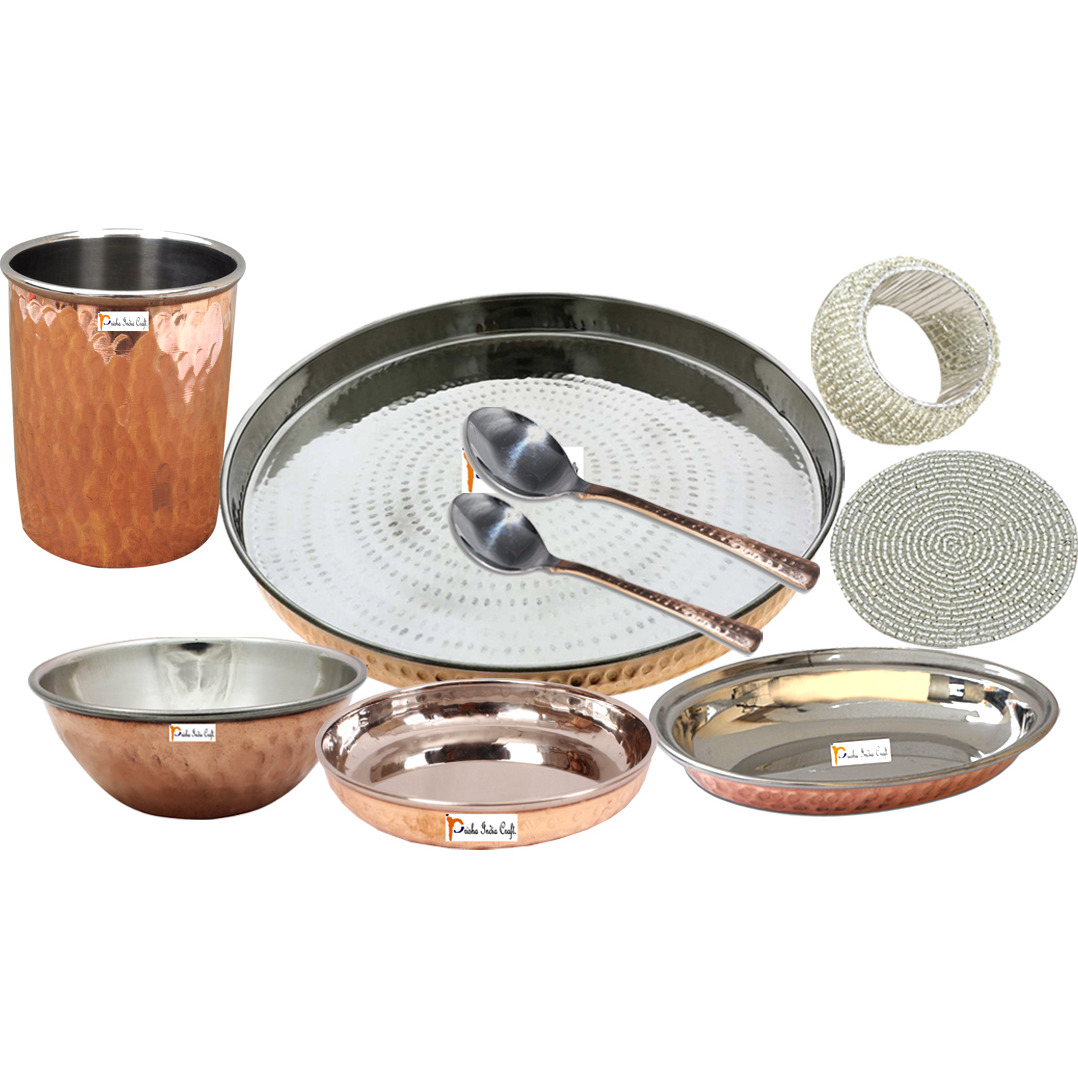 Prisha India Craft B. Handmade Indian Dinnerware Steel Copper Thali Set Dia 13  Traditional Dinner Set of Plate, Bowl, Spoons, Glass with Napkin ring and Coaster - Christmas Gift
