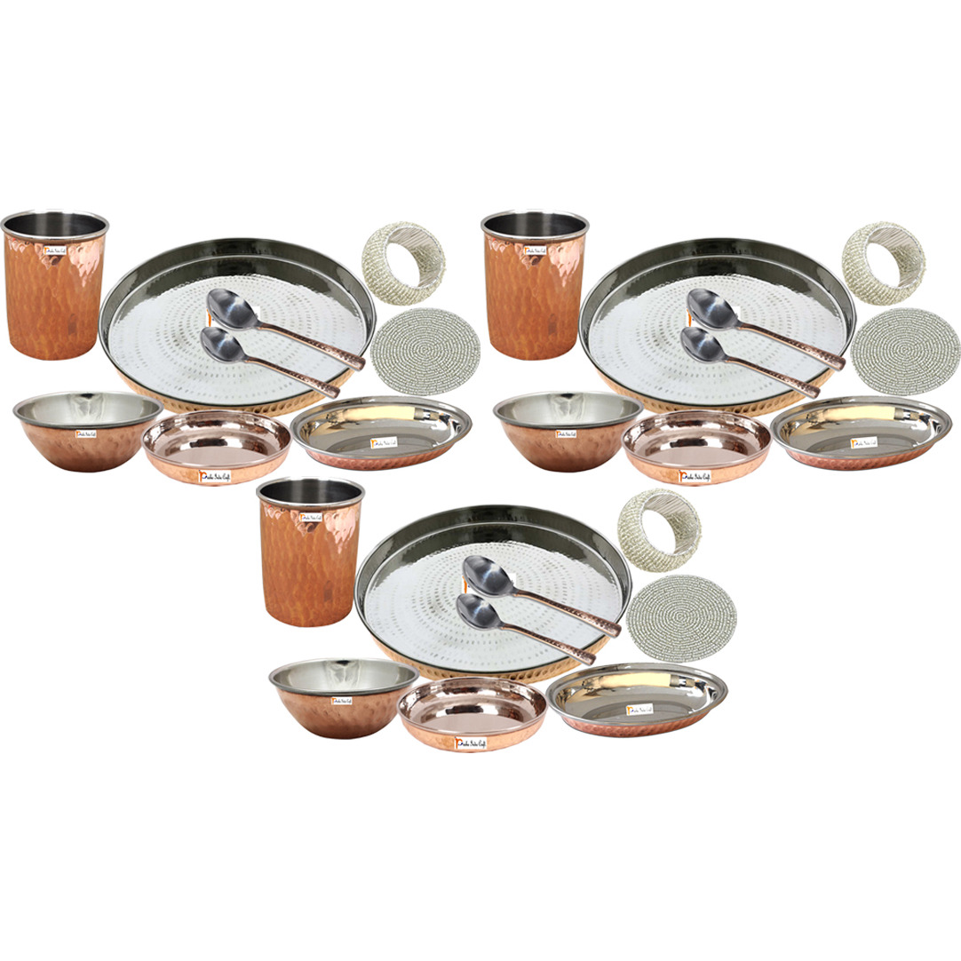 Set of 3 Prisha India Craft B. Handmade Indian Dinnerware Steel Copper Thali Set Dia 13  Traditional Dinner Set of Plate, Bowl, Spoons, Glass with Napkin ring and Coaster - Christmas Gift