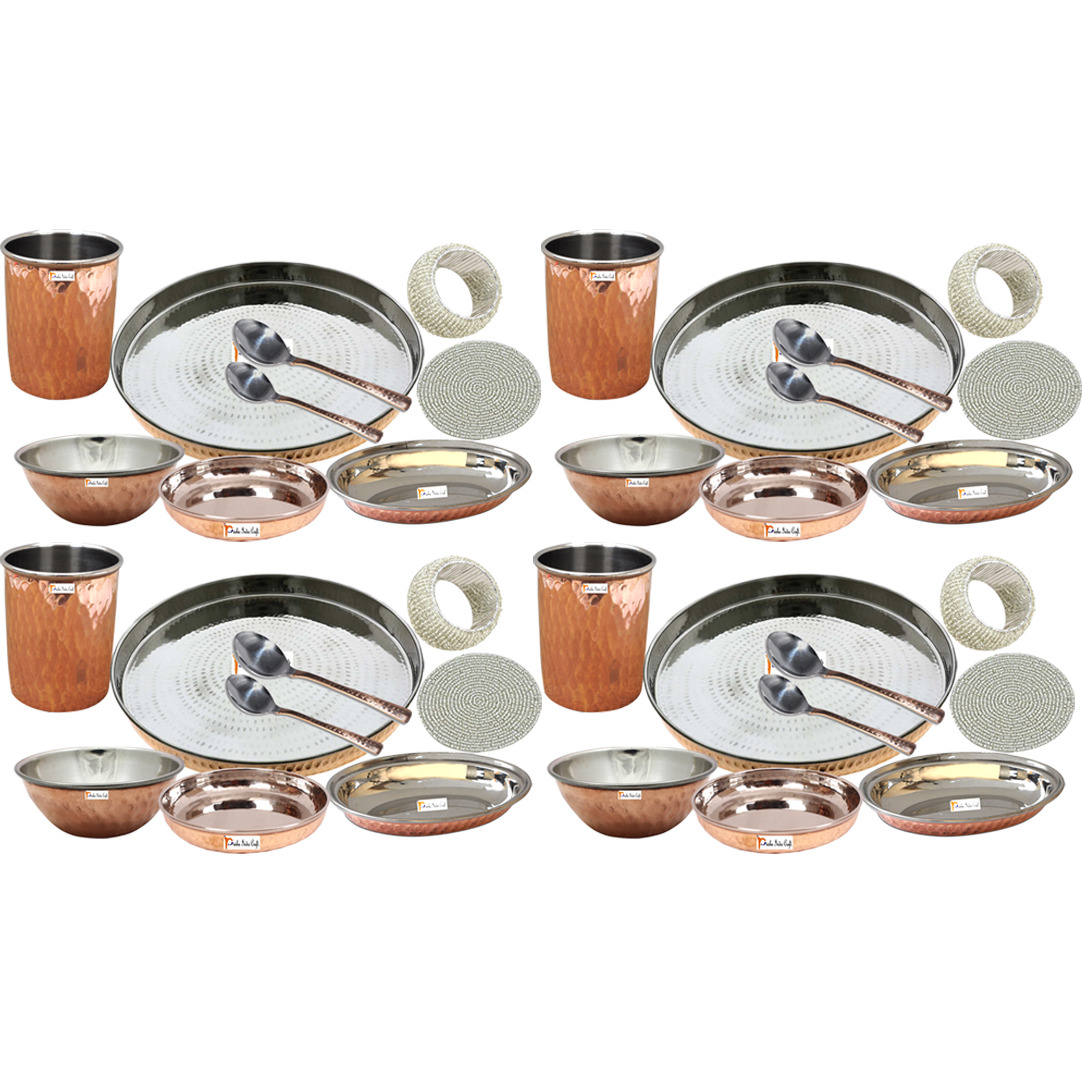 Set of 4 Prisha India Craft B. Handmade Indian Dinnerware Steel Copper Thali Set Dia 13  Traditional Dinner Set of Plate, Bowl, Spoons, Glass with Napkin ring and Coaster - Christmas Gift