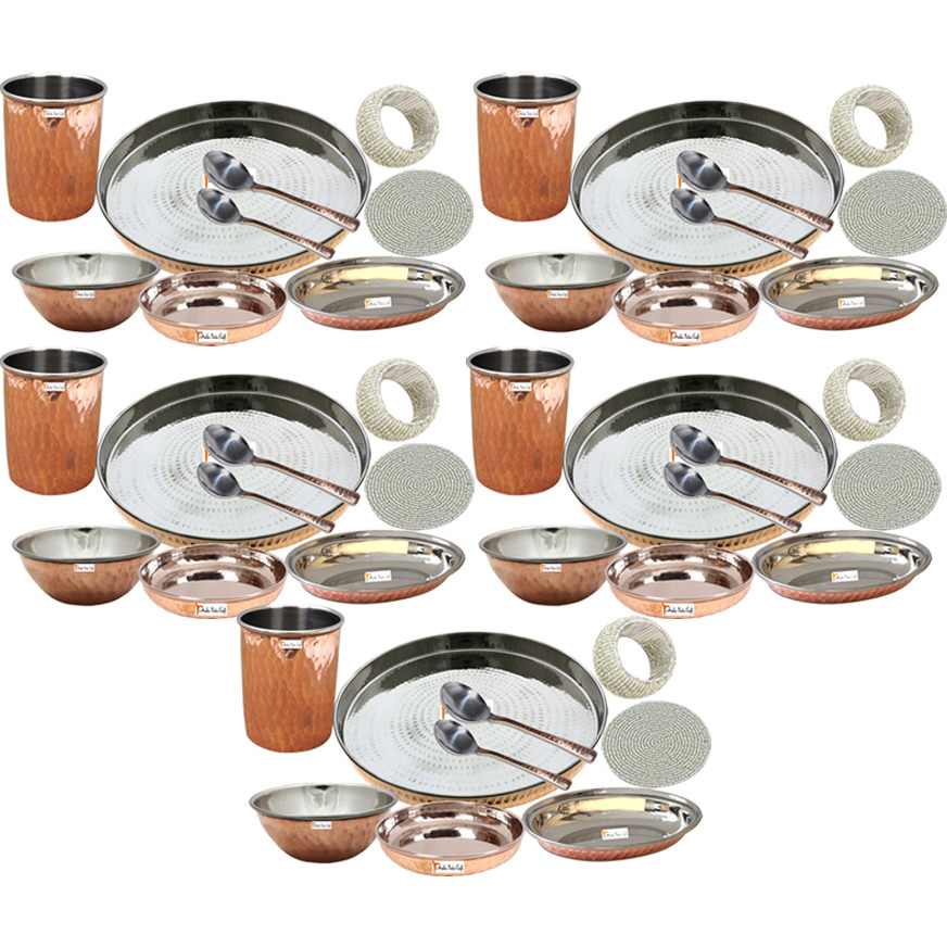 Set of 5 Prisha India Craft B. Handmade Indian Dinnerware Steel Copper Thali Set Dia 13  Traditional Dinner Set of Plate, Bowl, Spoons, Glass with Napkin ring and Coaster - Christmas Gift