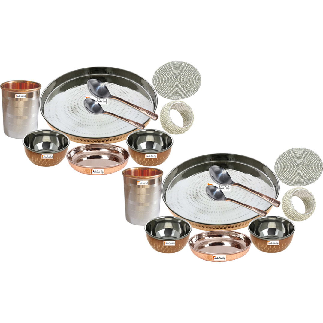 Set of 2 Prisha India Craft B. Indian Dinnerware Steel Copper Dinner Set Dia 13  Traditional Thali Set Dinner Set of Plate, Bowl, Spoons, Glass with Napkin ring and Coaster - Christmas Gift