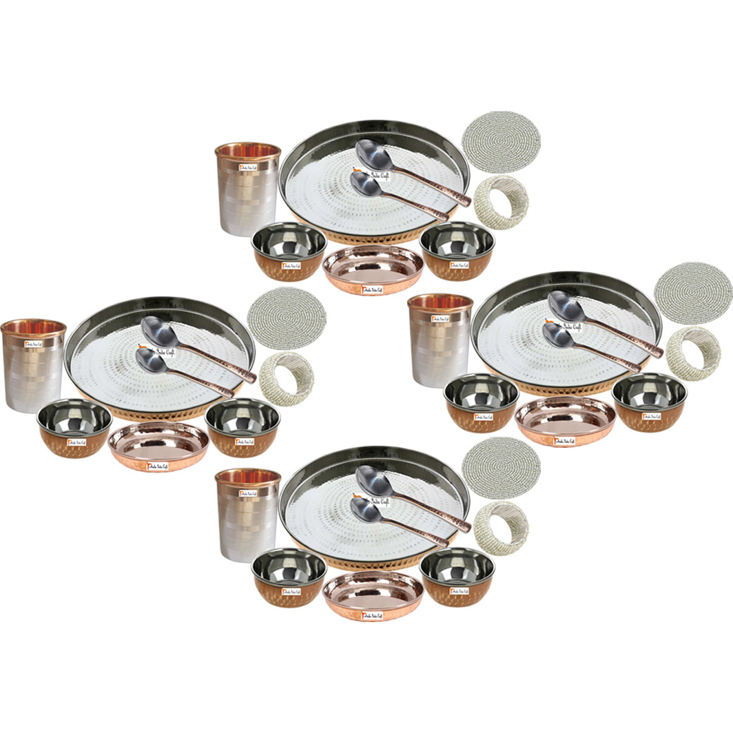 Set of 4 Prisha India Craft B. Indian Dinnerware Steel Copper Dinner Set Dia 13  Traditional Thali Set Dinner Set of Plate, Bowl, Spoons, Glass with Napkin ring and Coaster - Christmas Gift