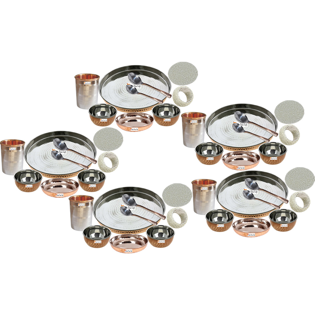 Set of 5 Prisha India Craft B. Indian Dinnerware Steel Copper Dinner Set Dia 13  Traditional Thali Set Dinner Set of Plate, Bowl, Spoons, Glass with Napkin ring and Coaster - Christmas Gift