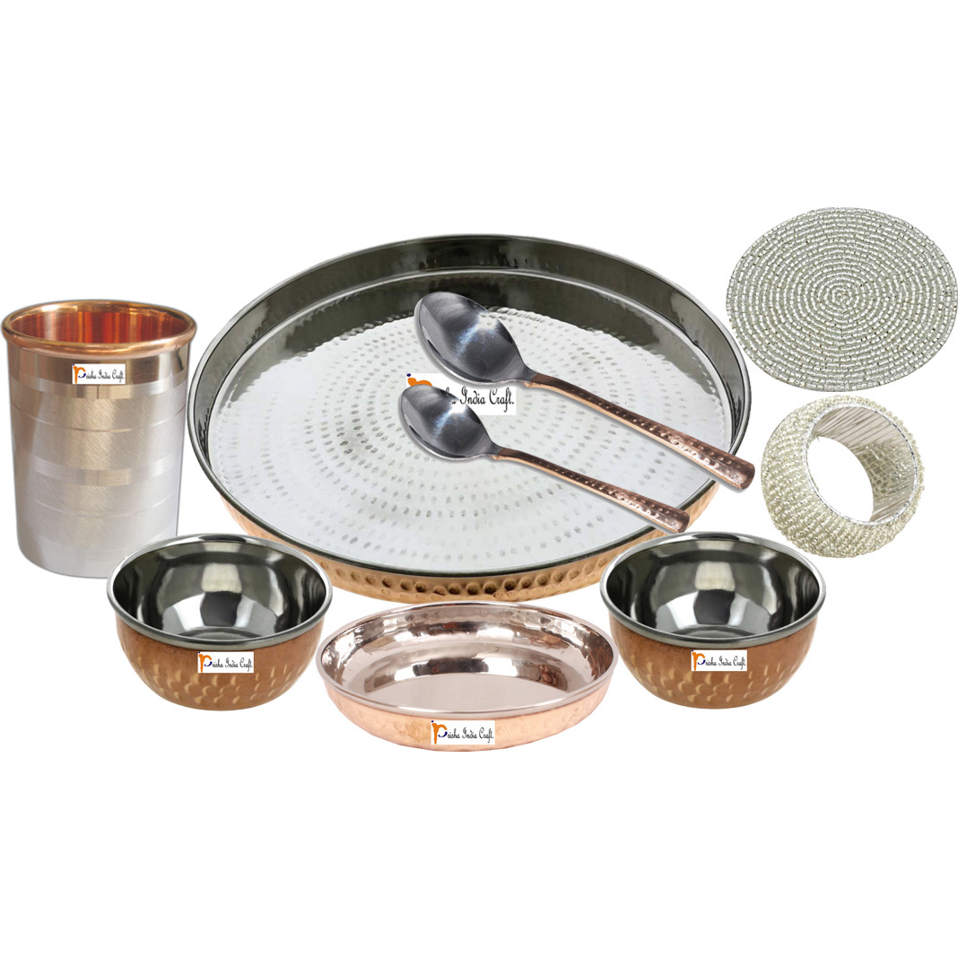 Set of 5 Prisha India Craft B. Indian Dinnerware Steel Copper Dinner Set Dia 13  Traditional Thali Set Dinner Set of Plate, Bowl, Spoons, Glass with Napkin ring and Coaster - Christmas Gift