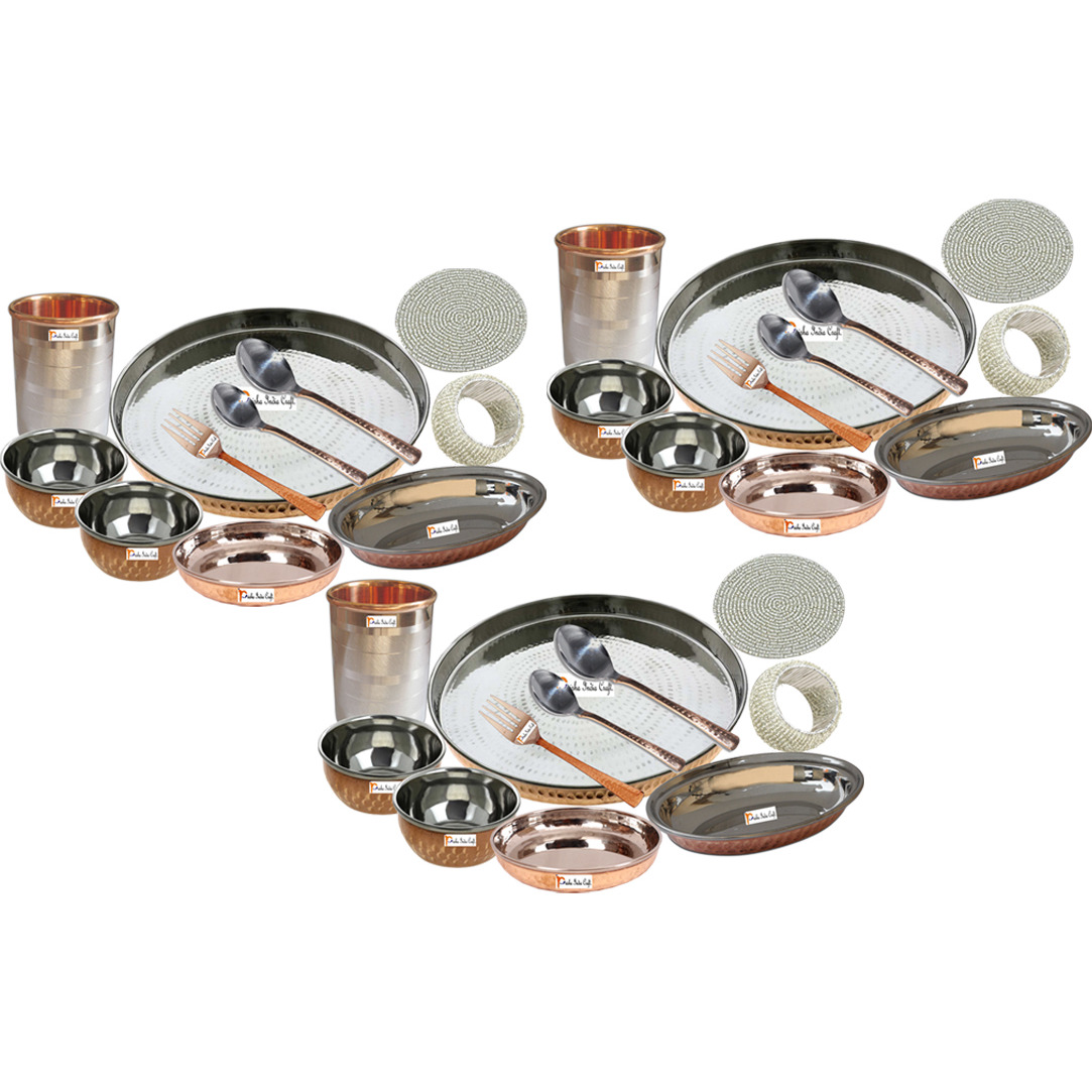 Set of 3 Prisha India Craft B. Best Indian Dinnerware Steel Copper Thali Set Dia 13  Traditional Dinner Set of Plate, Bowl, Spoons, Glass with Napkin ring and Coaster - Christmas Gift