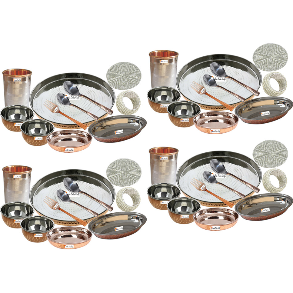 Set of 4 Prisha India Craft B. Best Indian Dinnerware Steel Copper Thali Set Dia 13  Traditional Dinner Set of Plate, Bowl, Spoons, Glass with Napkin ring and Coaster - Christmas Gift