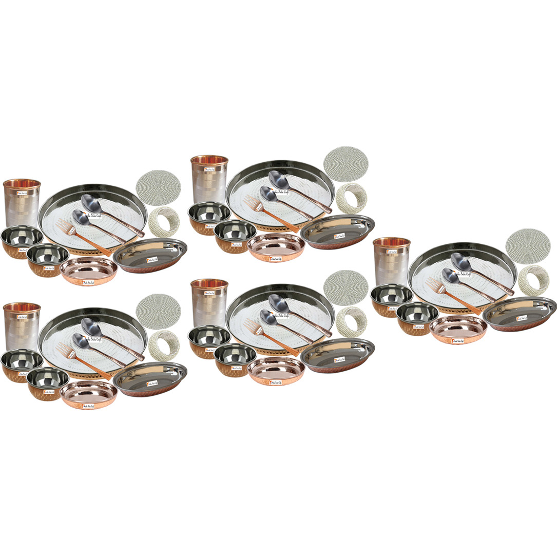 Set of 5 Prisha India Craft B. Best Indian Dinnerware Steel Copper Thali Set Dia 13  Traditional Dinner Set of Plate, Bowl, Spoons, Glass with Napkin ring and Coaster - Christmas Gift