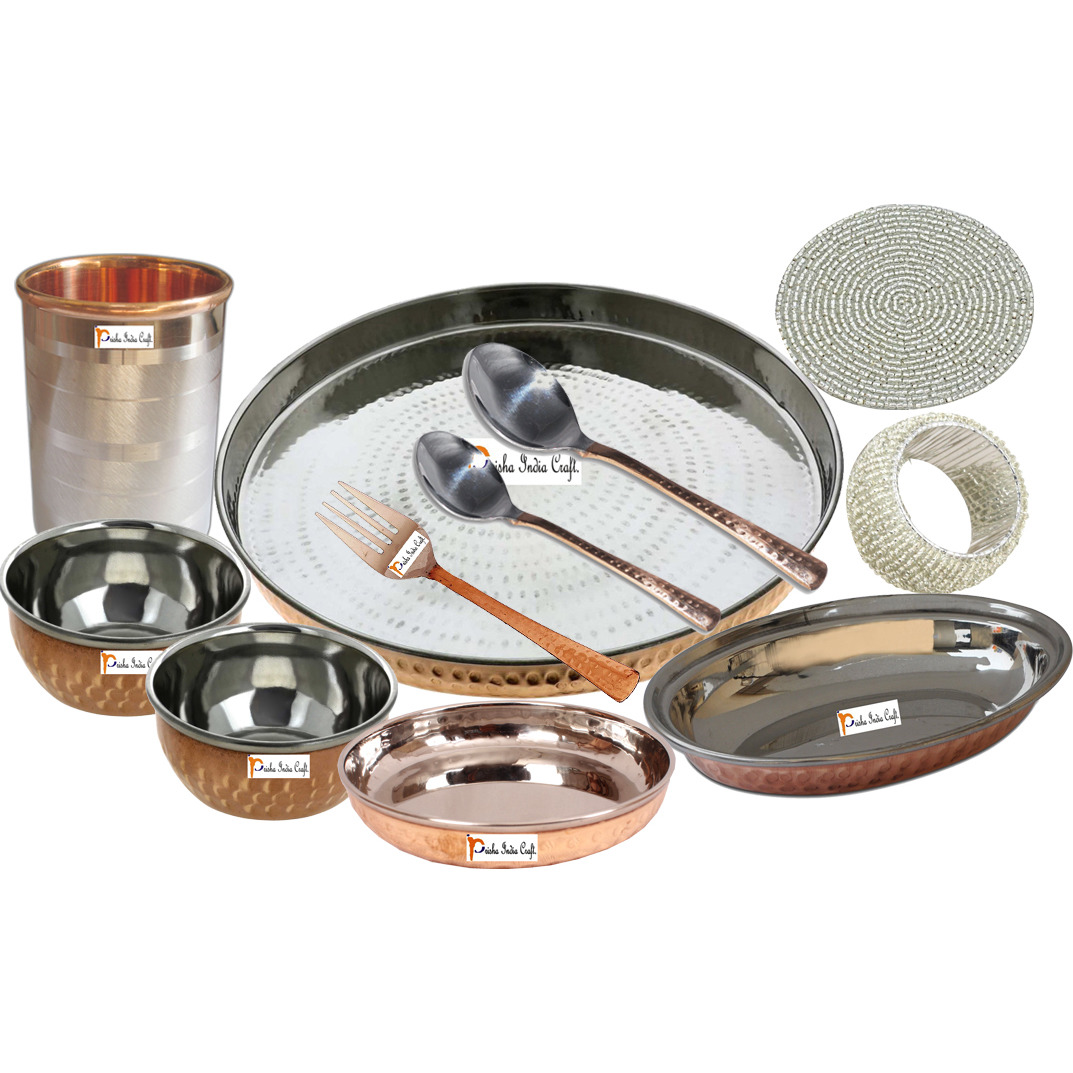 Set of 6 Prisha India Craft B. Best Indian Dinnerware Steel Copper Thali Set Dia 13  Traditional Dinner Set of Plate, Bowl, Spoons, Glass with Napkin ring and Coaster - Christmas Gift