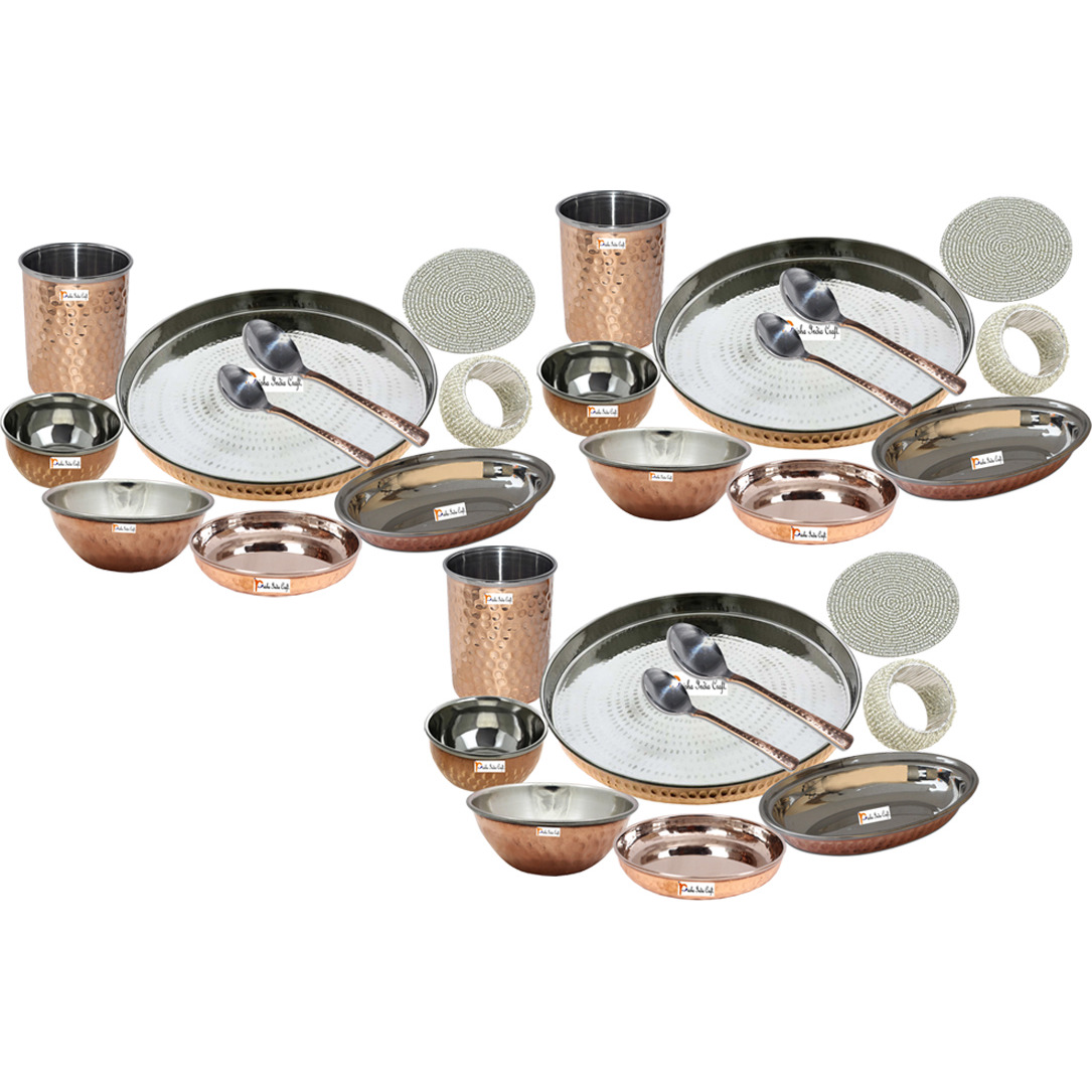 Set of 3 Prisha India Craft B. Best Dinnerware Steel Copper Thali Set Dia 13  Indian Traditional Dinner Set of Plate, Bowl, Spoons, Glass with Napkin ring and Coaster - Christmas Gift