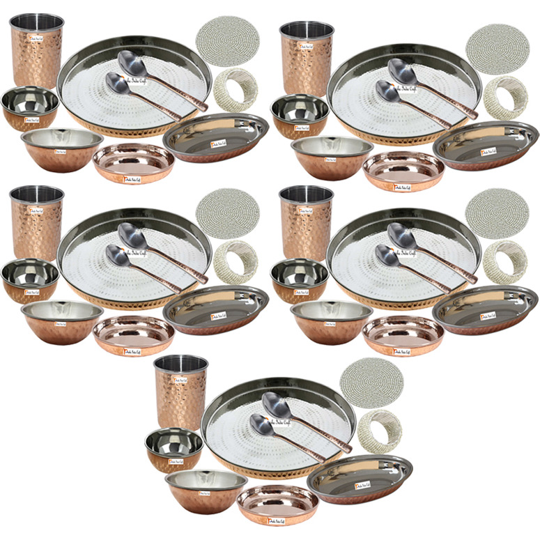 Set of 5 Prisha India Craft B. Best Dinnerware Steel Copper Thali Set Dia 13  Indian Traditional Dinner Set of Plate, Bowl, Spoons, Glass with Napkin ring and Coaster - Christmas Gift