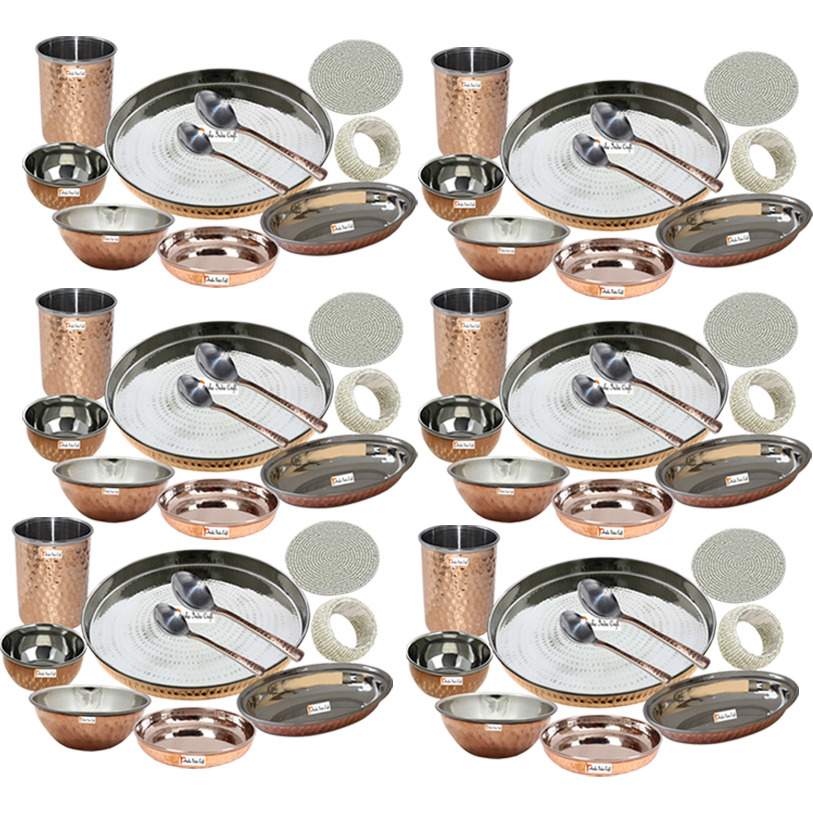 Set of 6 Prisha India Craft B. Best Dinnerware Steel Copper Thali Set Dia 13  Indian Traditional Dinner Set of Plate, Bowl, Spoons, Glass with Napkin ring and Coaster - Christmas Gift