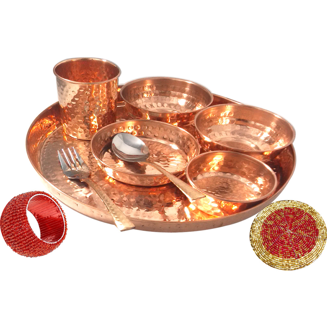 Prisha India Craft B. Best Dinnerware Pure Copper Thali Set Dia 12  Indian Traditional Dinner Set of Plate, Bowl, Spoons, Glass with Napkin ring and Coaster - Christmas Gift