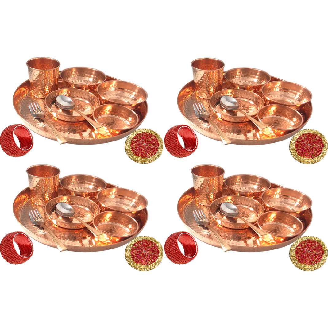 Set of 4 Prisha India Craft B. Best Dinnerware Pure Copper Thali Set Dia 12  Indian Traditional Dinner Set of Plate, Bowl, Spoons, Glass with Napkin ring and Coaster - Christmas Gift
