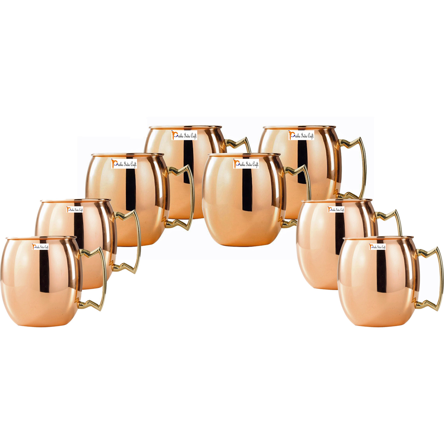 Set of 8 - Prisha India Craft B. Copper Mug for Moscow Mules 550 ML / 18 oz Inside Nickle Plain Best Quality Lacquered Finish Mule Cup, Moscow Mule Cocktail Cup, Copper Mugs, Cocktail Mugs