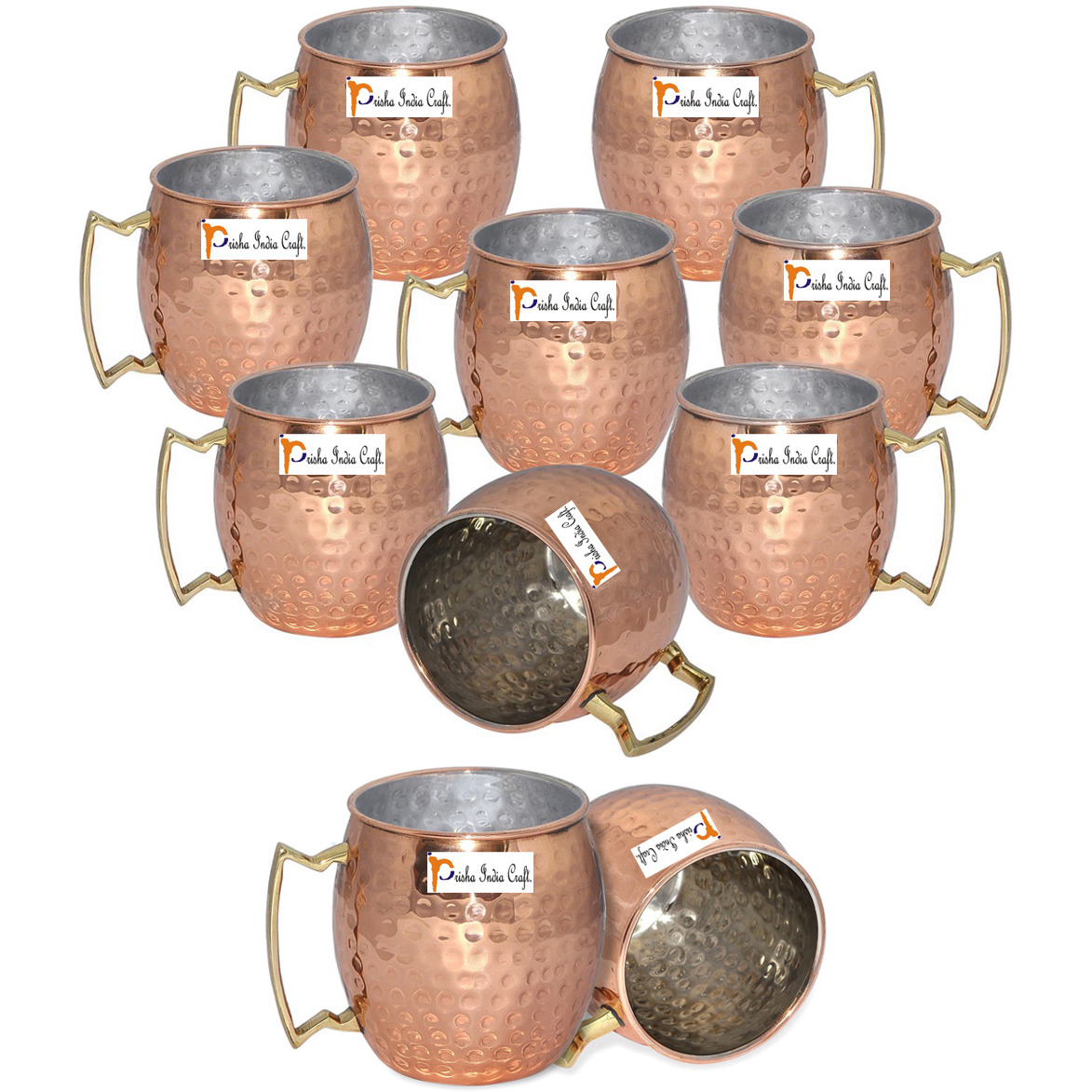 Set of 10 - Prisha India Craft B. Copper Mug for Moscow Mules 560 ML / 18 oz Inside Nickle Hammered Best Quality Lacquered Finish Mule Cup, Moscow Mule Cocktail Cup, Copper Mugs, Cocktail Mugs