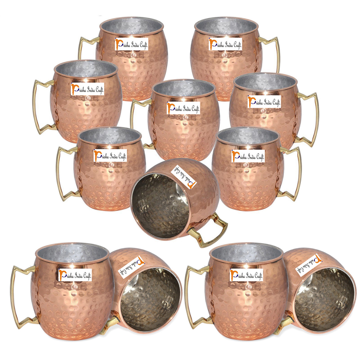 Set of 12 - Prisha India Craft B. Copper Mug for Moscow Mules 560 ML / 18 oz Inside Nickle Hammered Best Quality Lacquered Finish Mule Cup, Moscow Mule Cocktail Cup, Copper Mugs, Cocktail Mugs