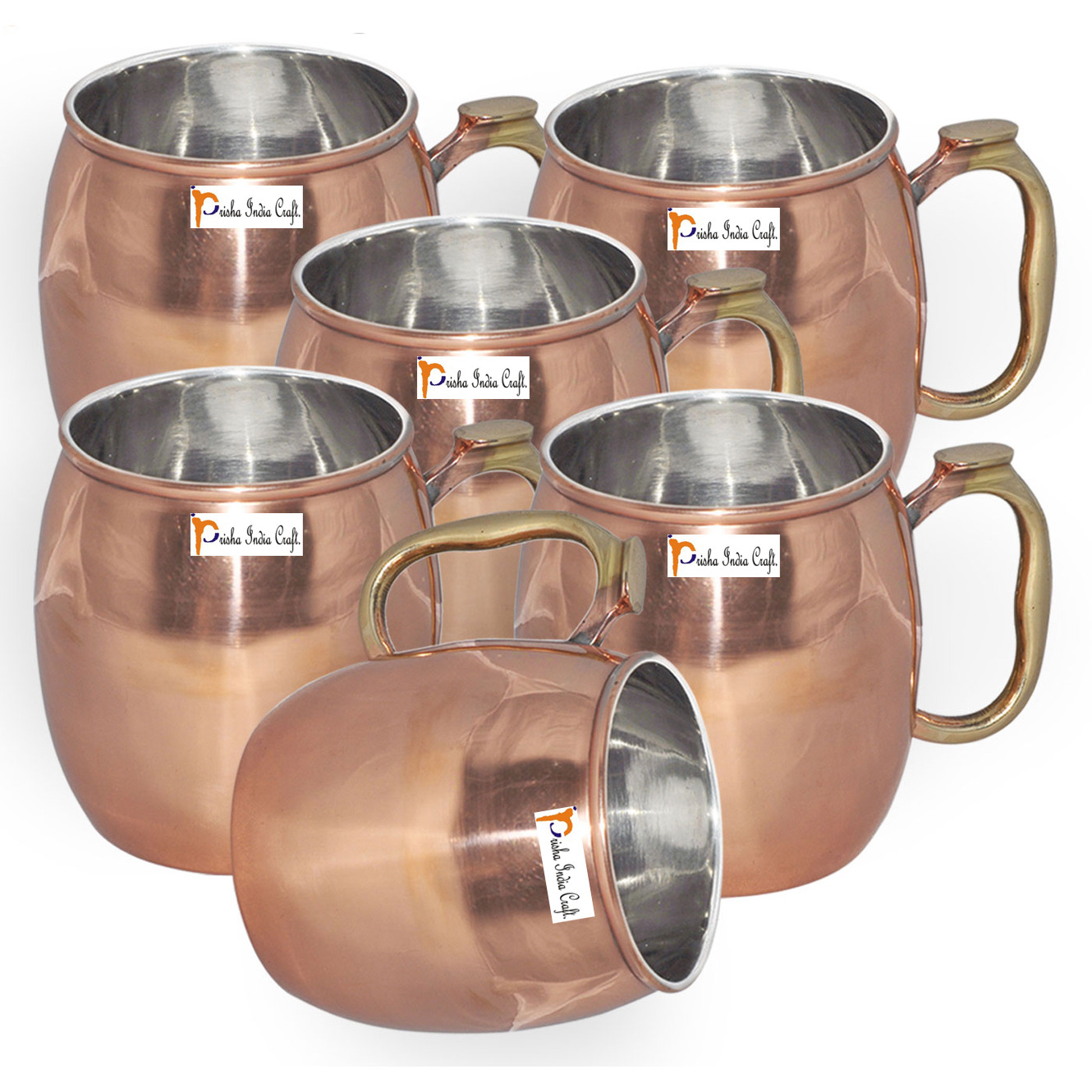 Set of 6 - Prisha India Craft B. Copper Plating Stainless Steel Best Quality MuleMug 550 ML / 18, Thumb HandlePremium Moscow Mule Copper Mug,Moscow Mule Cocktail Cup, Copper Mugs, Cocktail Mugs