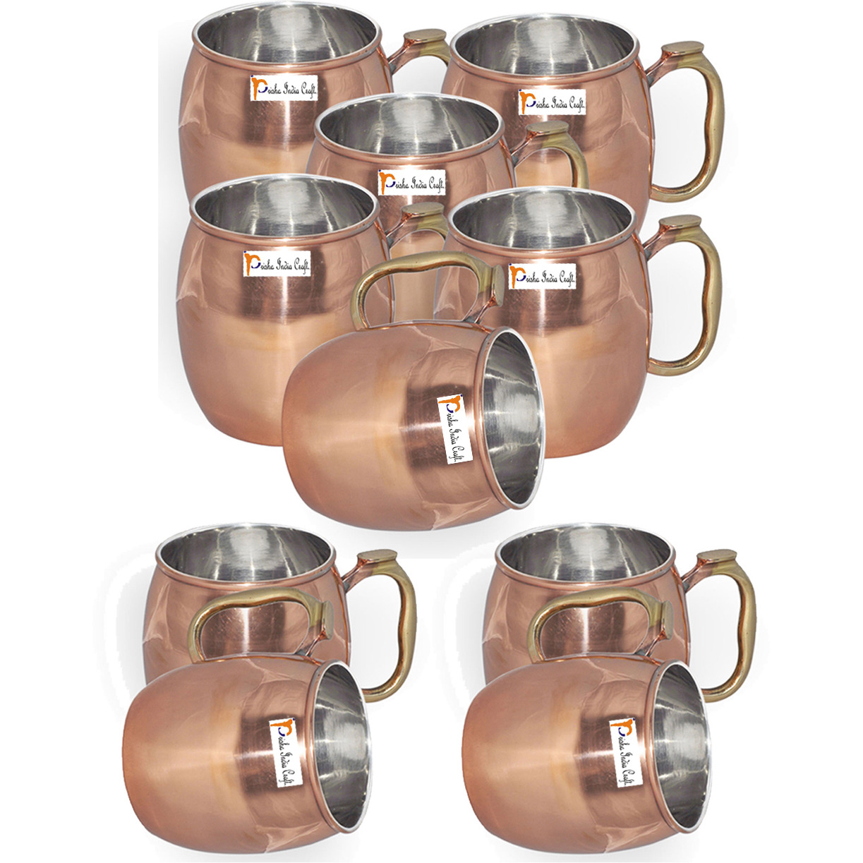 Set of 10 - Prisha India Craft B. Copper Plating Stainless Steel Best Quality MuleMug 550 ML / 18, Thumb HandlePremium Moscow Mule Copper Mug,Moscow Mule Cocktail Cup, Copper Mugs, Cocktail Mugs