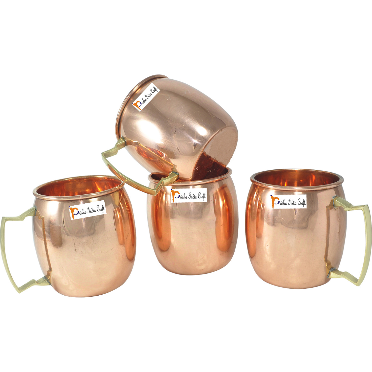 Set of 4 - Prisha India Craft B. Solid Copper Mug for Moscow Mules 550 ML / 18 oz 100% Pure Copper FREE 4 SHOT MUG 2 - OUNCE, Moscow Mule Cocktail Cup, Copper Mugs, Cocktail Mugs