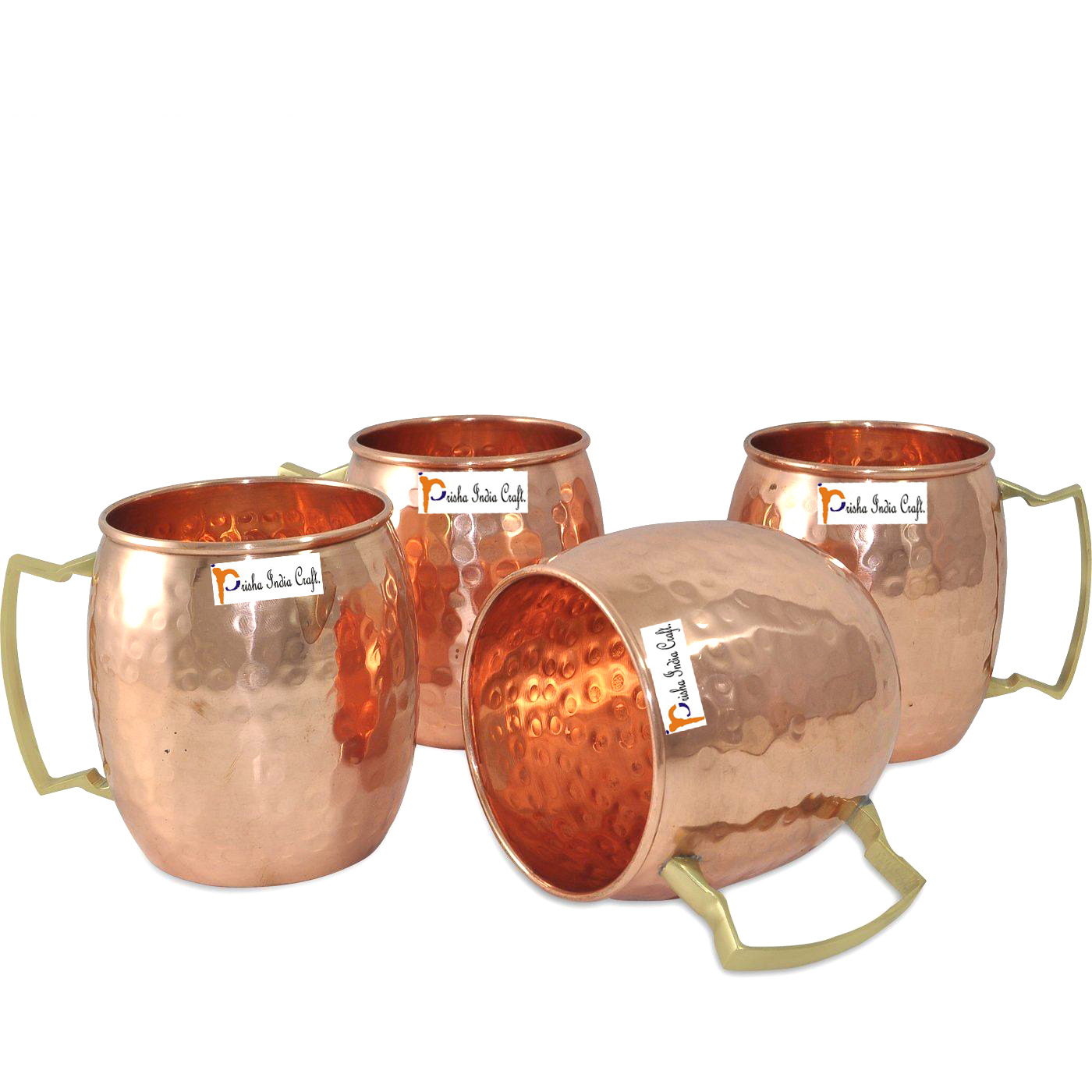 Set of 4 - Prisha India Craft B. Moscow Mule Solid Copper Mug 550 ML / 18 oz - 100% Pure Copper Hammered Best Quality Lacquered Finish, Cocktail Cup, Copper Mugs, Cocktail Mugs with No Inner Linings