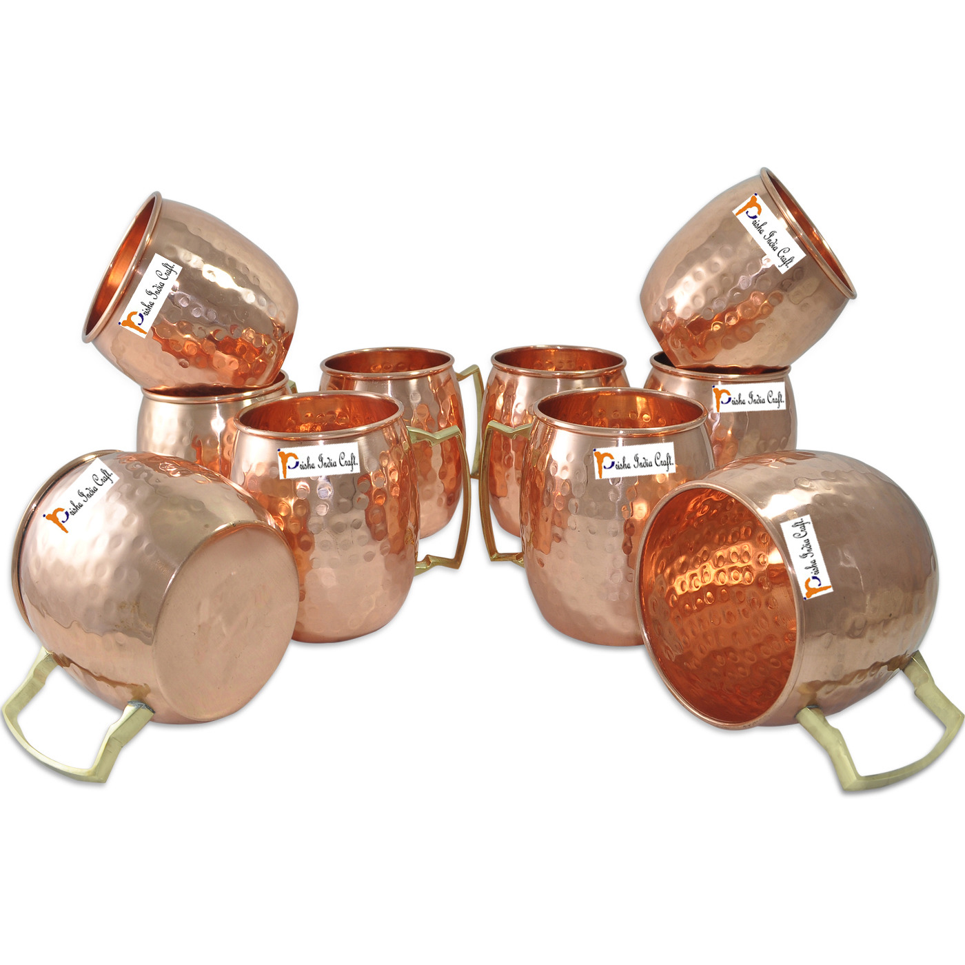 Set of 10 - Prisha India Craft B. Moscow Mule Solid Copper Mug 550 ML / 18 oz - 100% Pure Copper Hammered Best Quality Lacquered Finish, Cocktail Cup, Copper Mugs, Cocktail Mugs with No Inner Linings