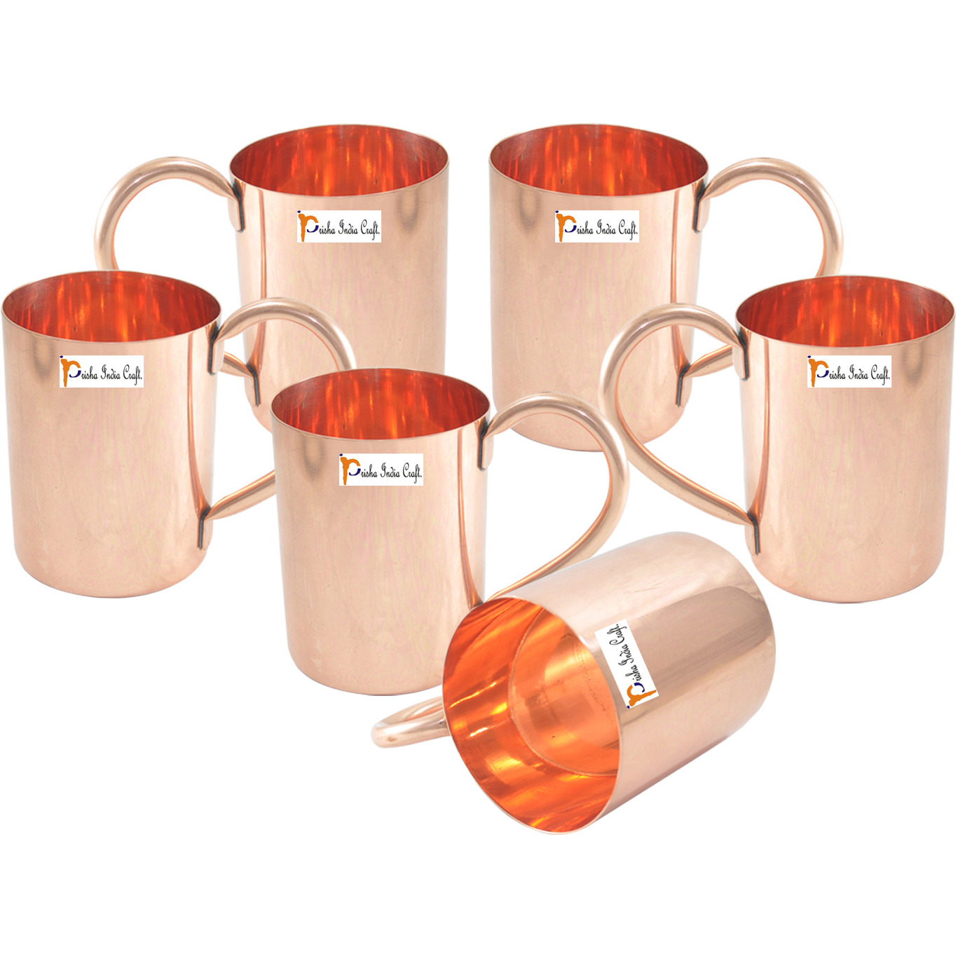 Set of 6 - Prisha India Craft B. Copper Mug for Moscow Mules 450 Ml / 15 Oz - 100% Pure Copper - Lacquered Finish - Solid Copper Best Quality Moscow Mule Mug, Cocktail Cup, Copper Mugs, Cocktail Mugs