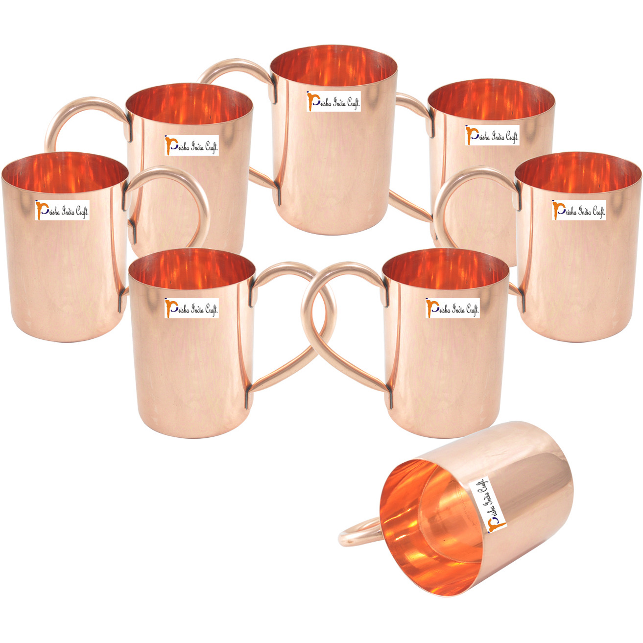 Set of 8 - Prisha India Craft B. Copper Mug for Moscow Mules 450 ML / 15 oz - 100% pure copper - Lacquered Finish - Solid Copper Best Quality Mug, Moscow Mule Cup, Copper Mugs, Cocktail Mugs Gift Idea