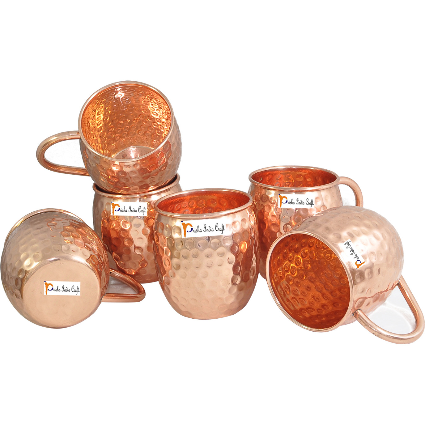 Set of 6 - Prisha India Craft B. Copper Barrel Mug Hammered for Moscow Mules 520 ML / 17 oz 100% Pure Copper Mug, Mule Cup, Moscow Mule Cocktail Cup, Copper Mugs, Cocktail Mugs - with No Inner Linings