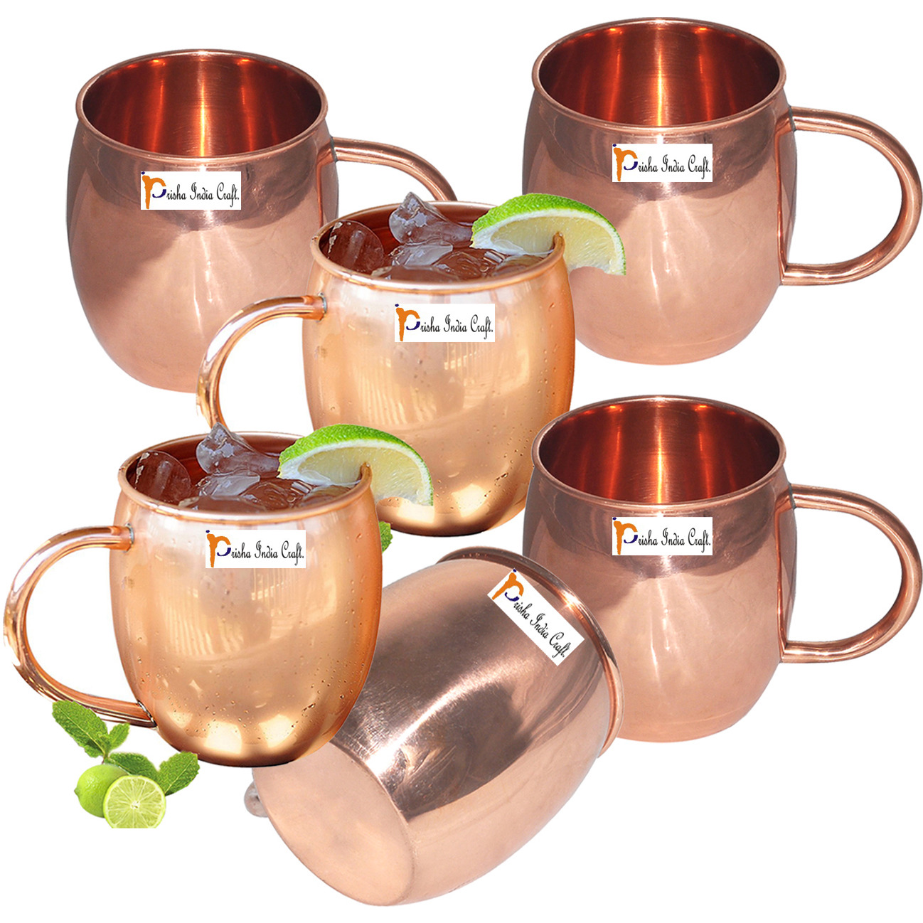 Set of 6 - Prisha India Craft B. Copper Barrel Mug Classic for Moscow Mule 520 ML / 17 oz Pure Copper Mug, Copper Mule Cup, Moscow Mule Cocktail Cup, Copper Mugs, Cocktail Mugs - with No Inner Linings