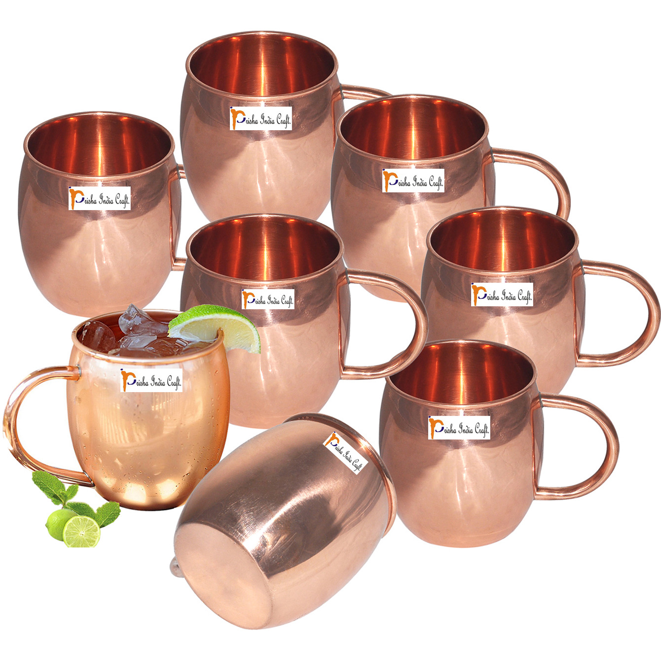 Set of 8 - Prisha India Craft B. Copper Barrel Mug Classic for Moscow Mule 520 ML / 17 oz Pure Copper Mug, Copper Mule Cup, Moscow Mule Cocktail Cup, Copper Mugs, Cocktail Mugs - with No Inner Linings