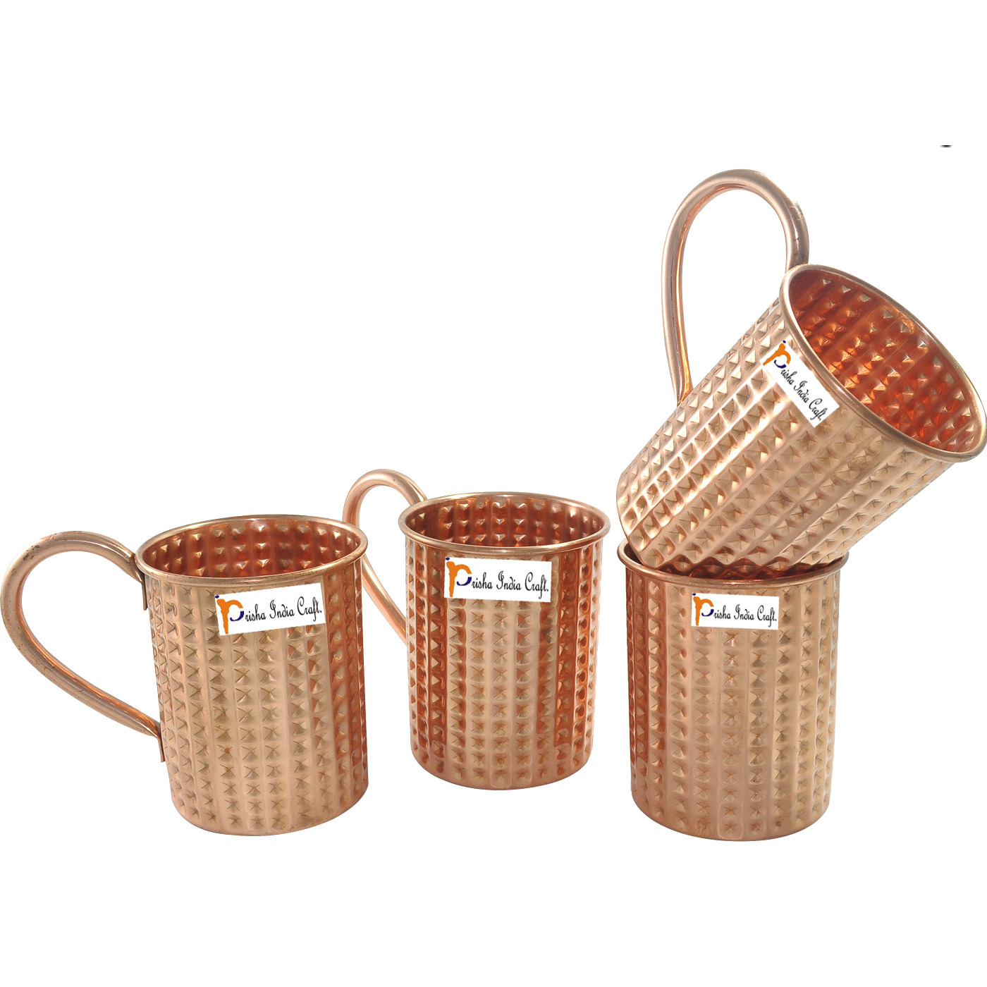 Set of 4 - Prisha India Craft B. Pure Copper Cocktail Moscow Mule Mug Diamond Cut Design 475 ML / 16 oz - 100% pure copper - Lacquered Finish Cup, Moscow Mule Cocktail Cup, Copper Mugs, Cocktail Mugs