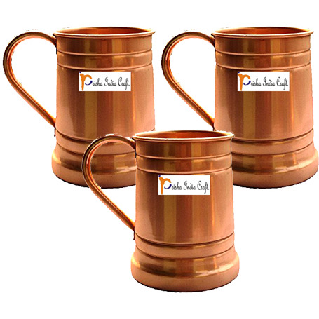 Set of 3 Prisha India Craft B. Moscow Mules Copper Mug 600 ML / 20 oz - Mule Cup, Moscow Mule Cocktail Cup, Copper Mugs, Cocktail Mugs - Christmas Gift with WOODEN KEYRING